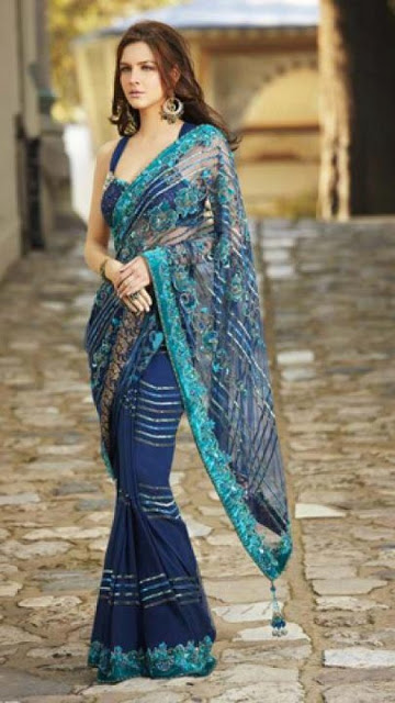 Indian Sari With Short Back Blouse Collection 2013-14 For Women